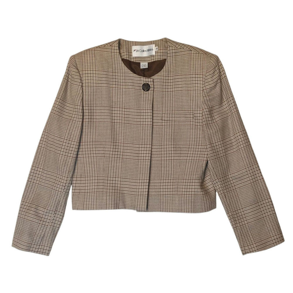 Vintage JH Collectibles Cropped Wool Blazer Glen Plaid Tan Brown Mod Preppy 10